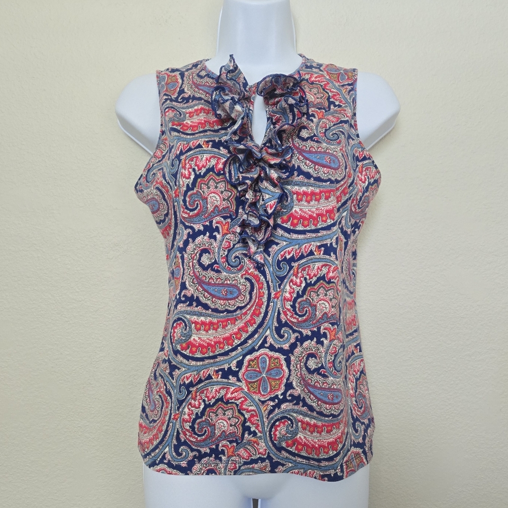 Lauren Ralph Lauren Paisley Ruffle Sleeveless Cotton Shirt Size Medium Red Blue